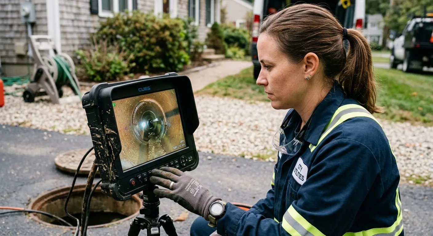 Technician reviewing sewer camera inspection footage in Long Beach
