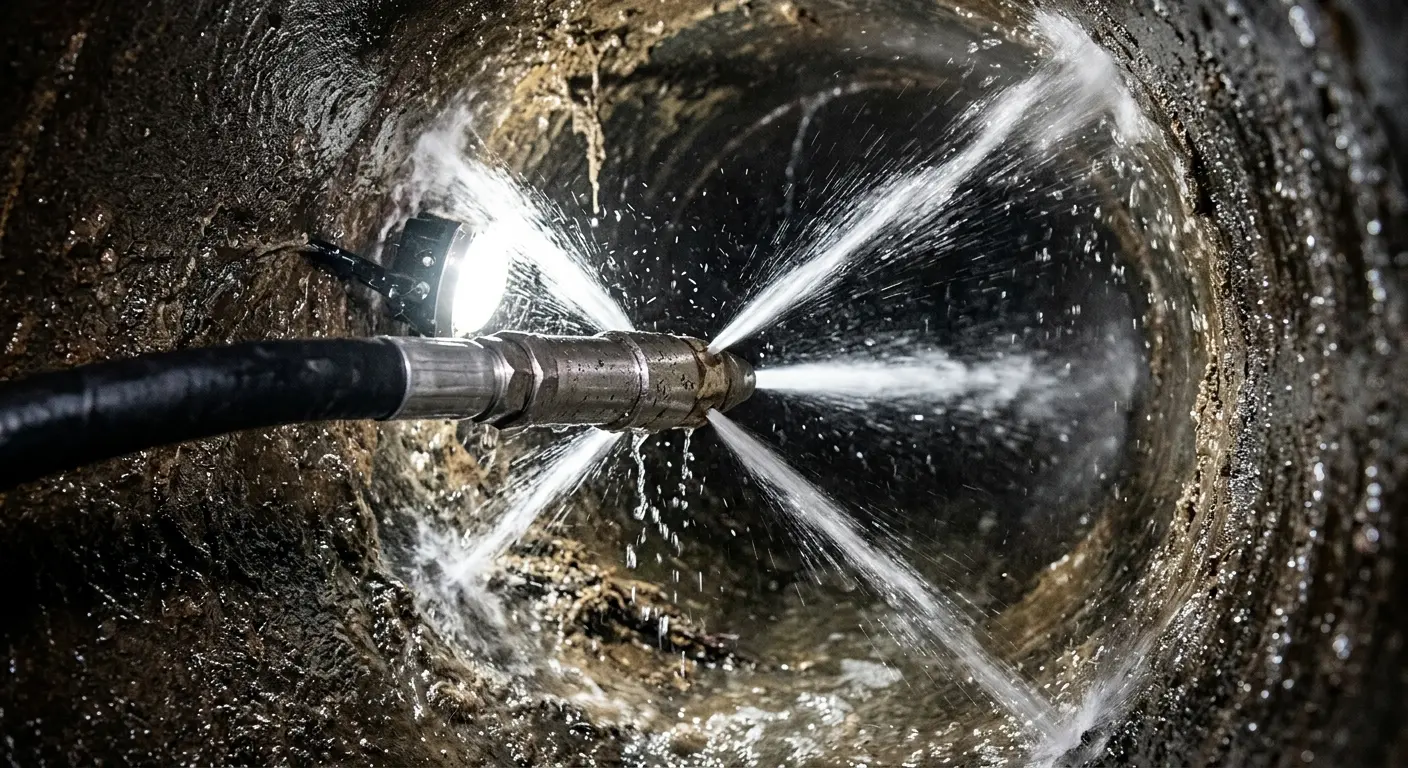 High-pressure hydro jetting nozzle cleaning sewer pipe for Sewer Cleanout in Long Beach