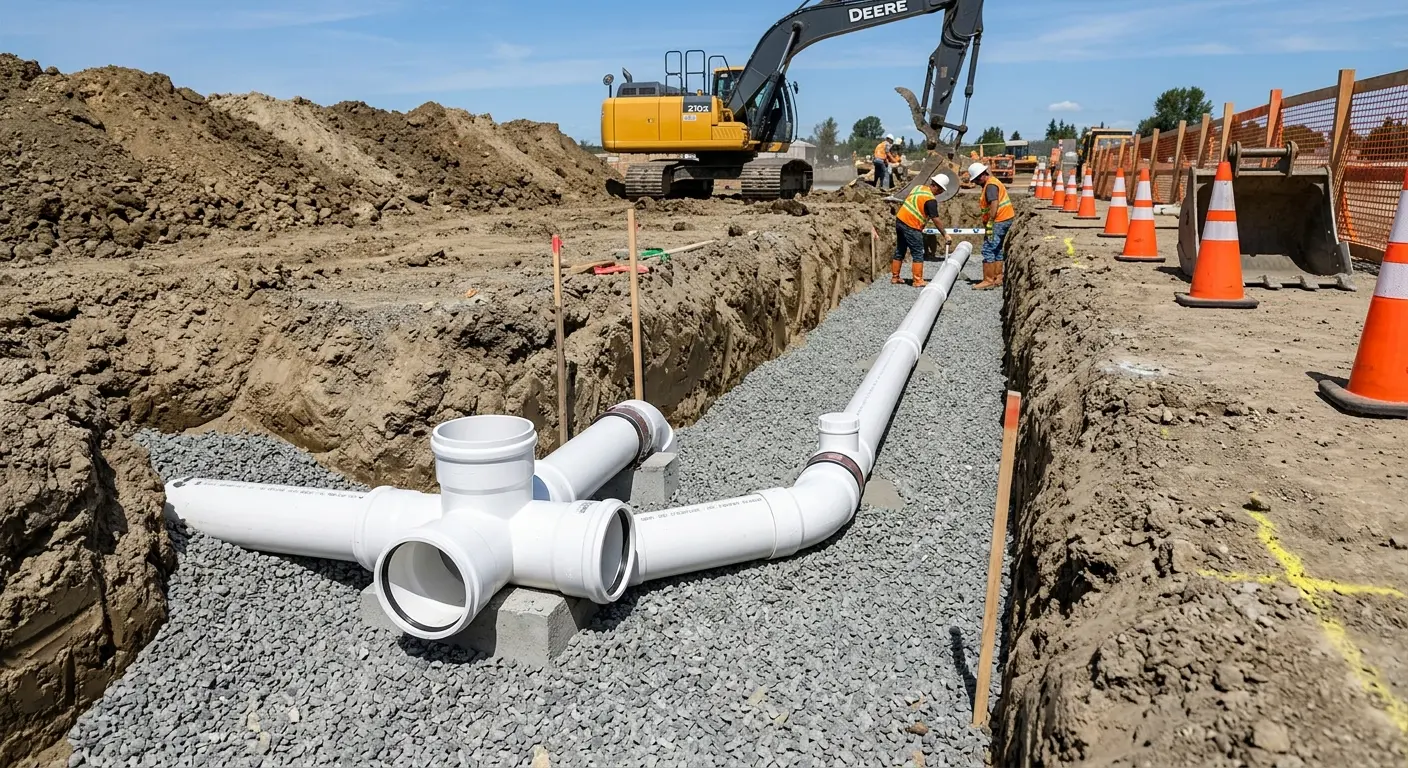 New PVC sewer pipe installation in open trench for Commercial Drain Cleaning in Long Beach