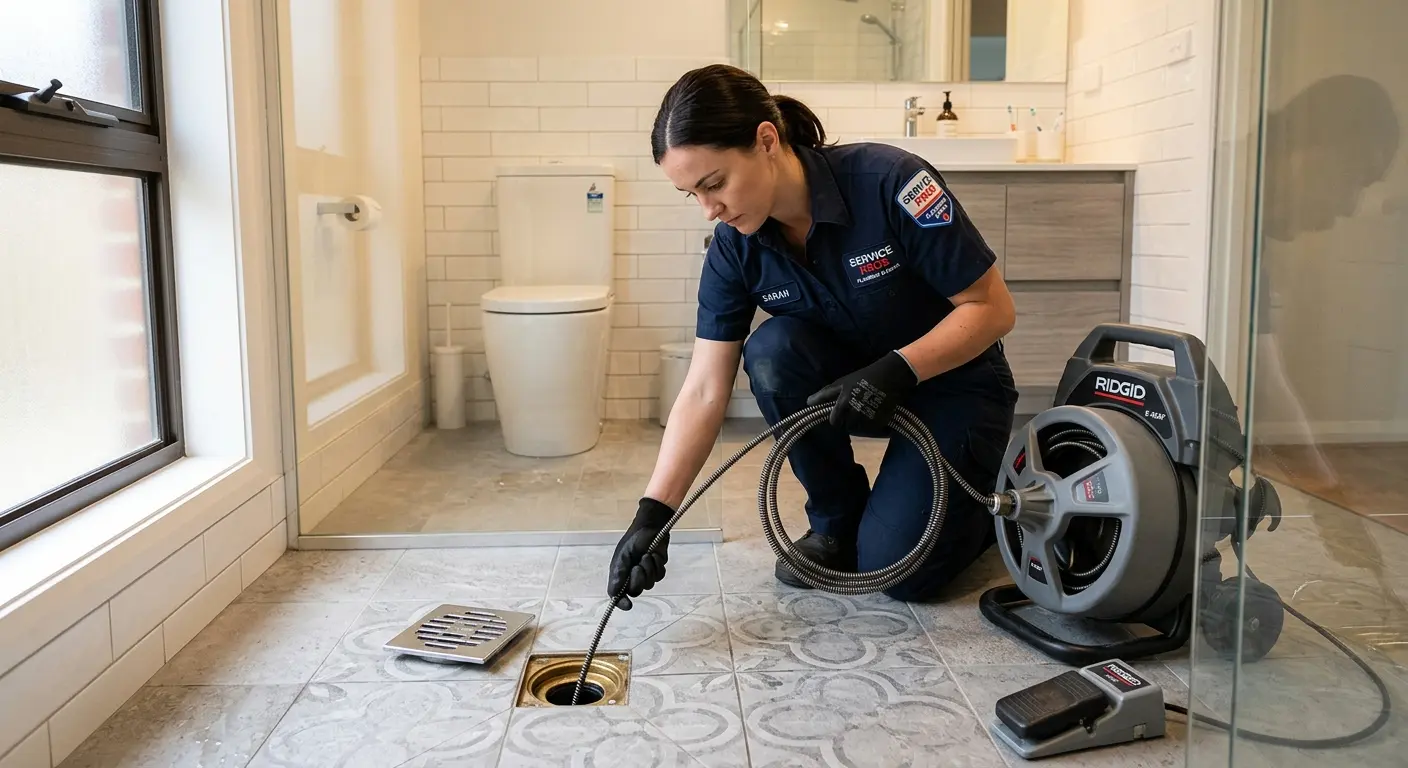 Technician clearing a bathroom floor drain for Clogged Drain Repair in Long Beach